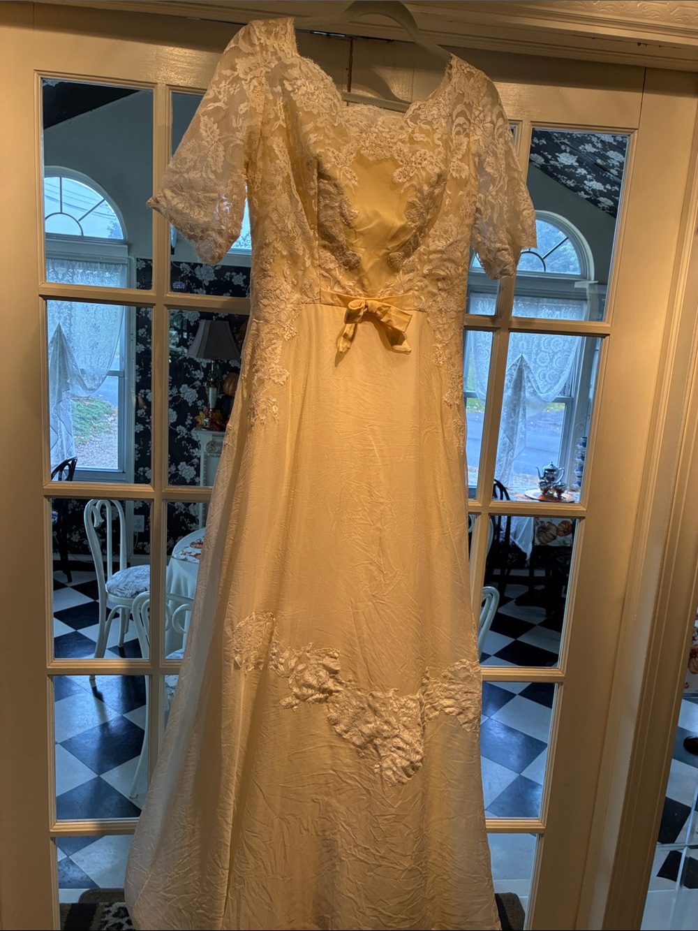 Vintage Cream Lace Wedding Dress with Bow Detail